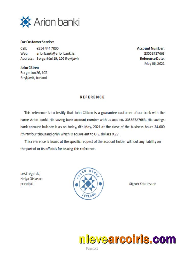 Iceland  Arion Bank reference